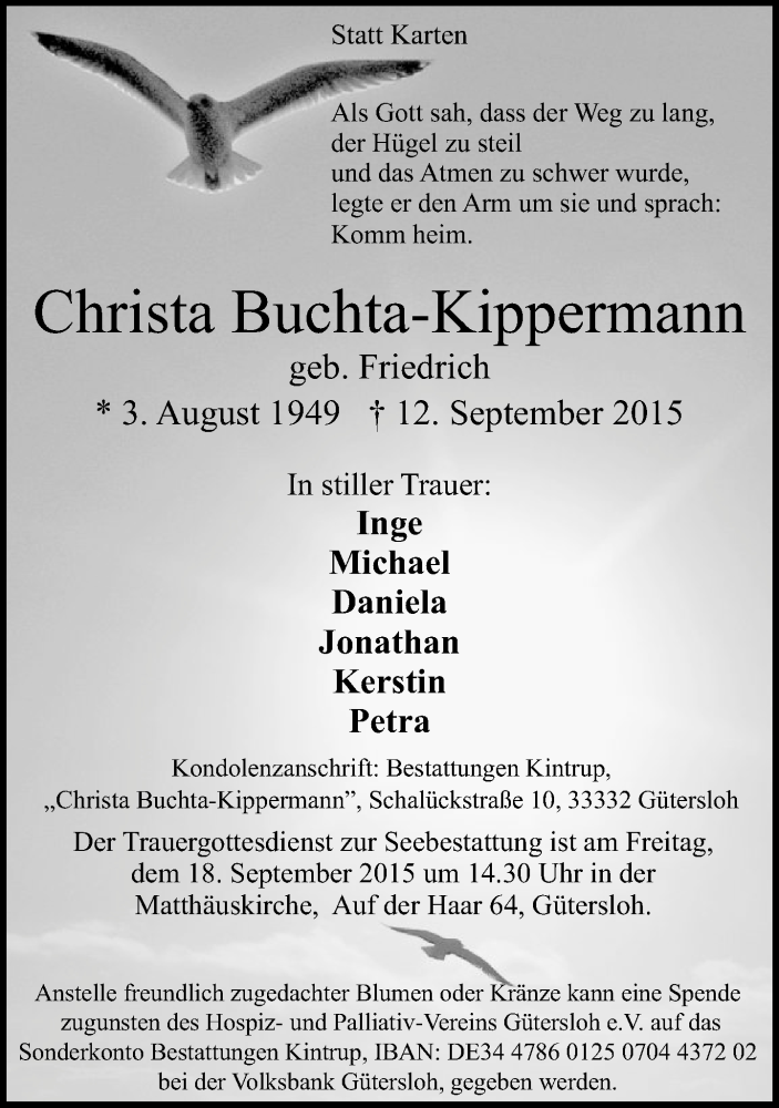  Traueranzeige für Christa Buchta-Kippermann vom 15.09.2015 aus Neue Westfälische