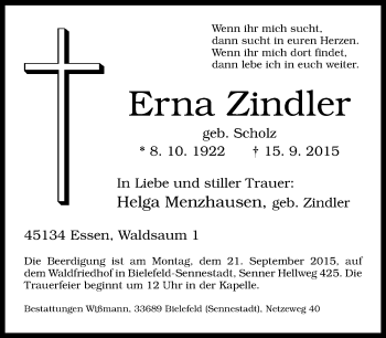 Traueranzeige von Erna Zindler von Neue Westfälische