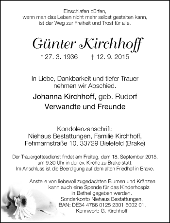 Traueranzeige von Günter Kirchhoff von Neue Westfälische