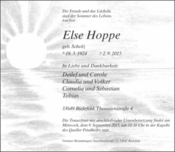 Traueranzeige von Else Hoppe von Neue Westfälische