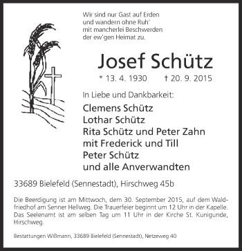 Traueranzeige von Josef Schütz von Neue Westfälische