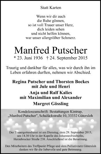 Traueranzeige von Manfred Putscher von Neue Westfälische