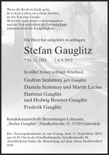 Traueranzeige von Stefan Gauglitz von Neue Westfälische