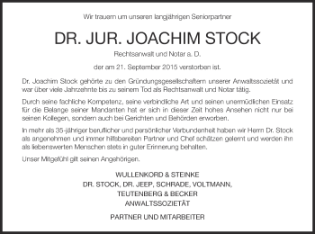 Traueranzeige von Joachim Stock von Neue Westfälische