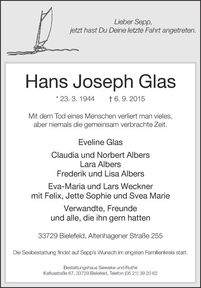  Traueranzeige für Hans Joseph Glas vom 12.09.2015 aus Neue Westfälische