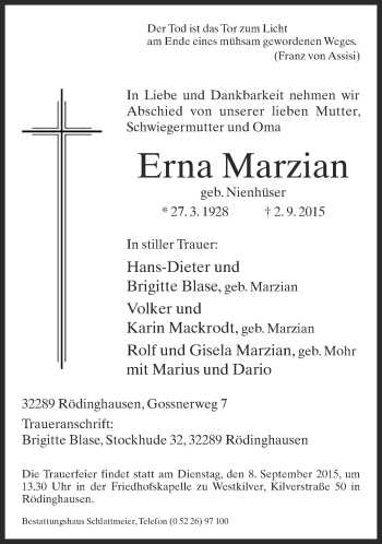Traueranzeige von Erna Marzian von Neue Westfälische