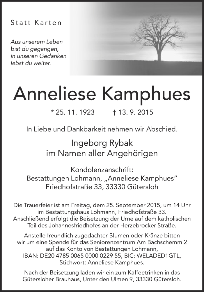  Traueranzeige für Anneliese Kamphues vom 19.09.2015 aus Neue Westfälische