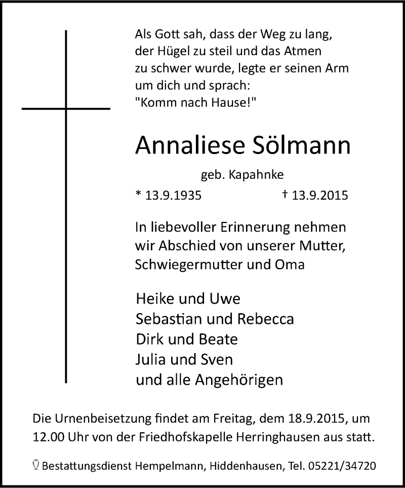  Traueranzeige für Annaliese Sölmann vom 15.09.2015 aus Neue Westfälische
