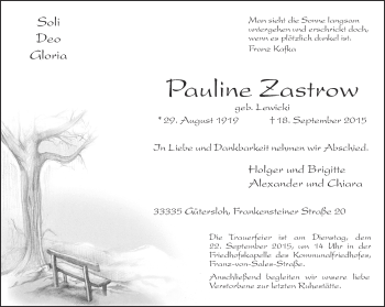 Traueranzeige von Pauline Zastrow von Neue Westfälische