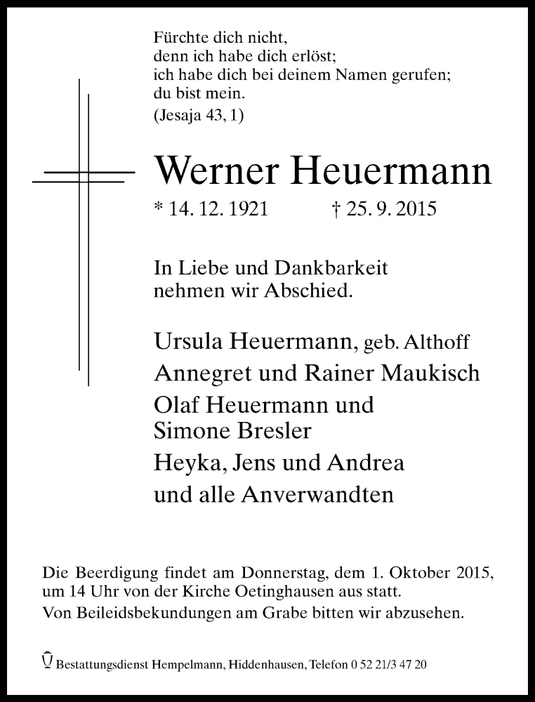  Traueranzeige für Werner Heuermann vom 28.09.2015 aus Neue Westfälische