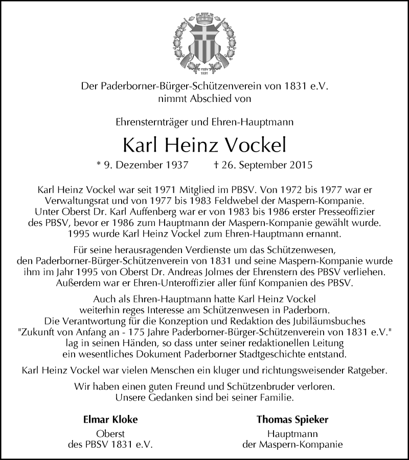  Traueranzeige für Karl Heinz Vockel vom 30.09.2015 aus Neue Westfälische