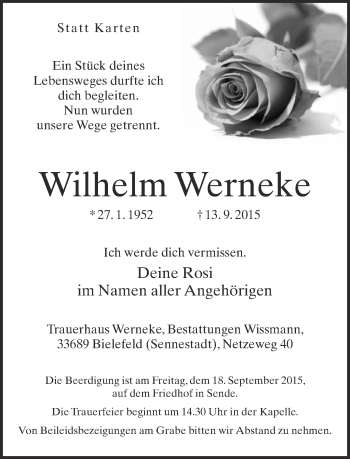 Traueranzeige von Wilhelm Werneke von Neue Westfälische