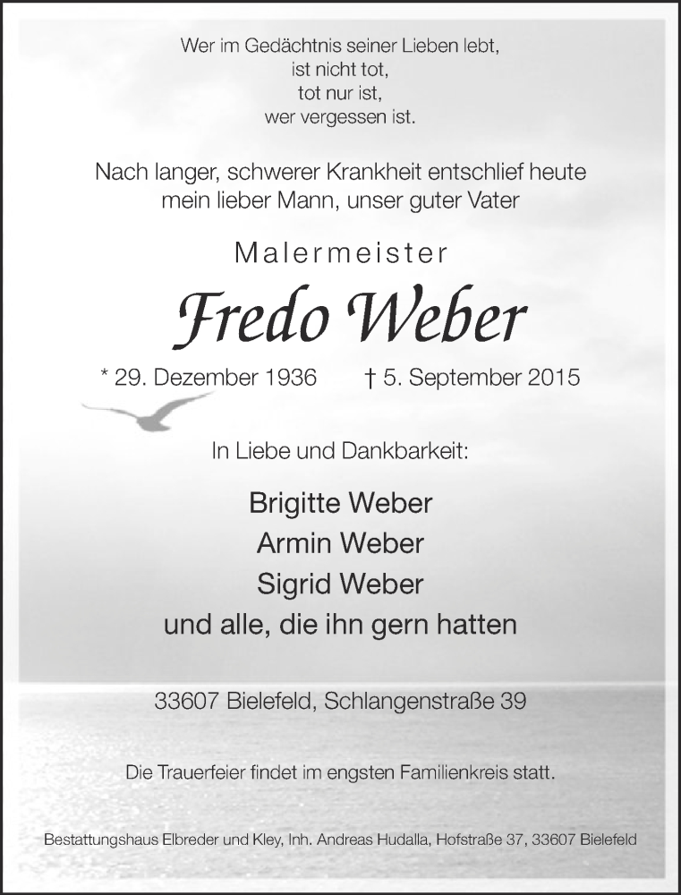  Traueranzeige für Fredo Weber vom 09.09.2015 aus Neue Westfälische