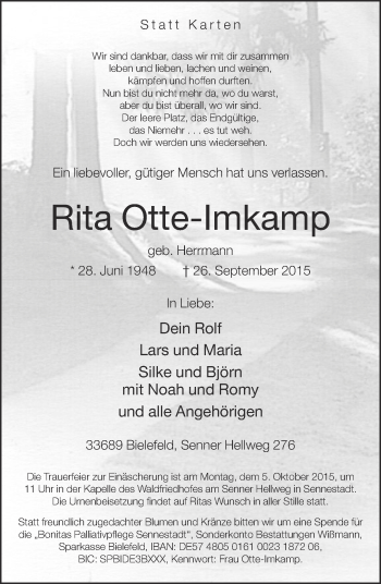 Traueranzeige von Rita Otte-Imkamp von Neue Westfälische