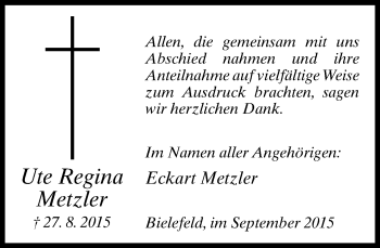 Traueranzeige von Ute Regina Metzler von Neue Westfälische