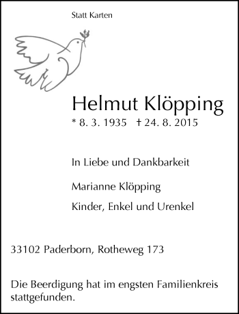 Traueranzeige von Helmut Klöpping von Neue Westfälische