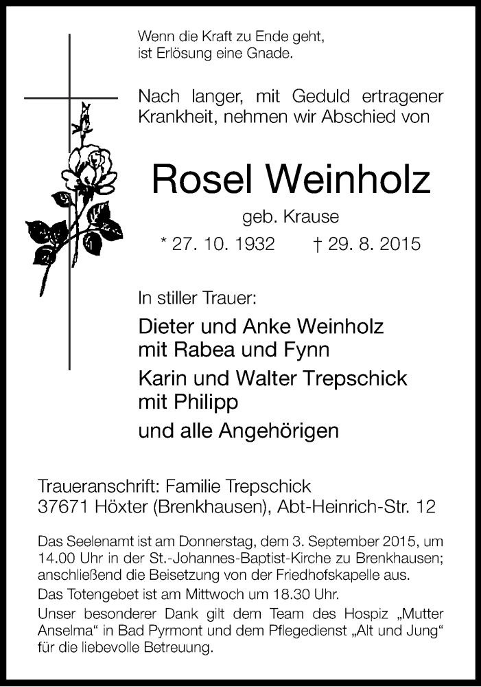  Traueranzeige für Rosel Weinholz vom 01.09.2015 aus Neue Westfälische