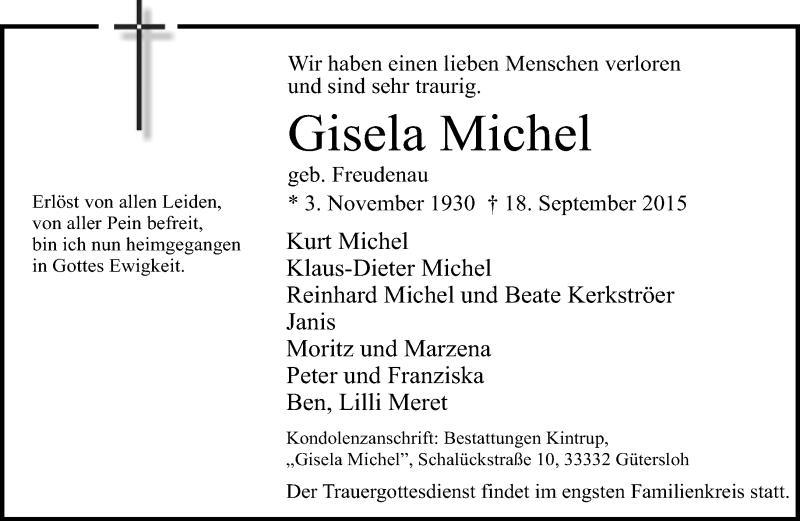  Traueranzeige für Gisela Michel vom 22.09.2015 aus Neue Westfälische