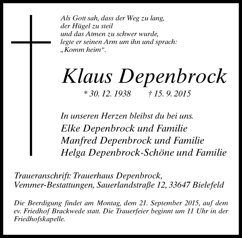  Traueranzeige für Klaus Depenbrock vom 19.09.2015 aus Neue Westfälische