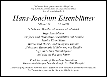 Traueranzeige von Hans-Joachim Eisenblätter von Neue Westfälische