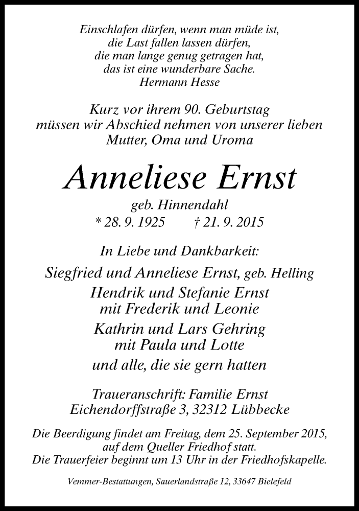  Traueranzeige für Anneliese Ernst vom 23.09.2015 aus Neue Westfälische