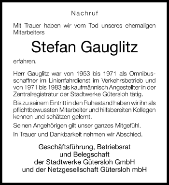 Traueranzeige von Stefan Gauglitz von Neue Westfälische