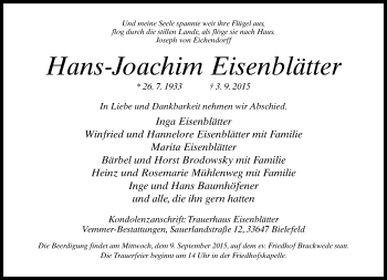 Traueranzeige von Hans-Joachim Eisenblätter von Neue Westfälische