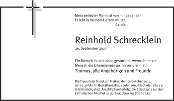 Traueranzeige von Reinhold Schrecklein von Neue Westfälische