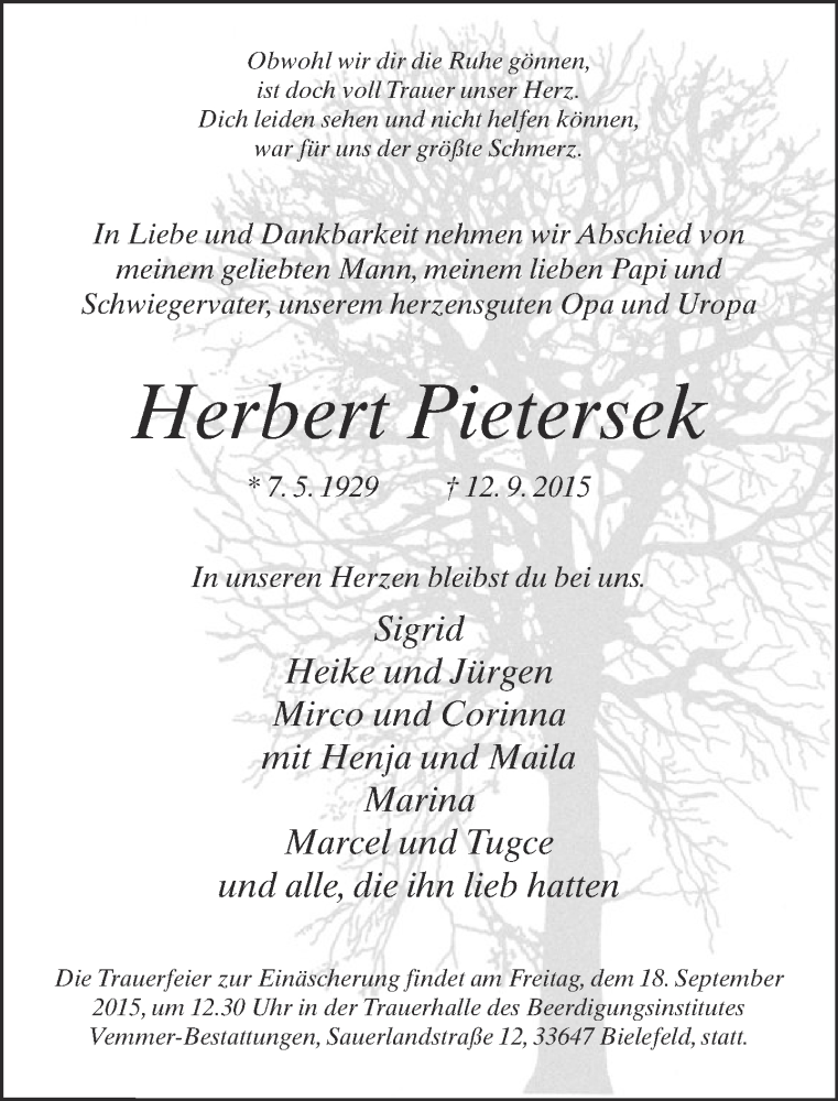  Traueranzeige für Herbert Pietersek vom 15.09.2015 aus Neue Westfälische