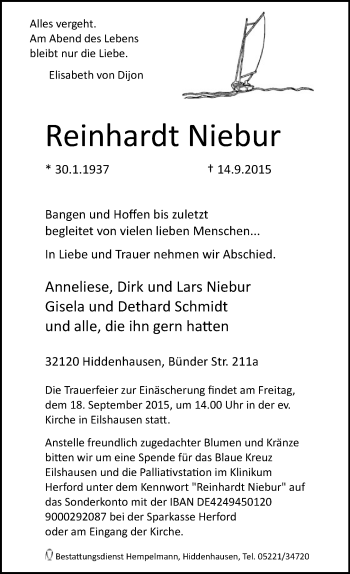Traueranzeige von Reinhardt Niebur von Neue Westfälische