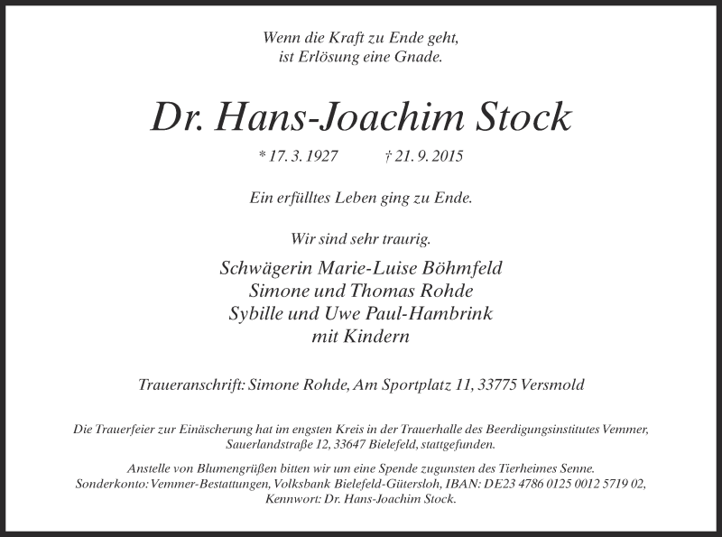 Traueranzeige für Hans-Joachim Stock vom 26.09.2015 aus Neue Westfälische