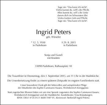 Traueranzeige von Ingrid Peters von Neue Westfälische