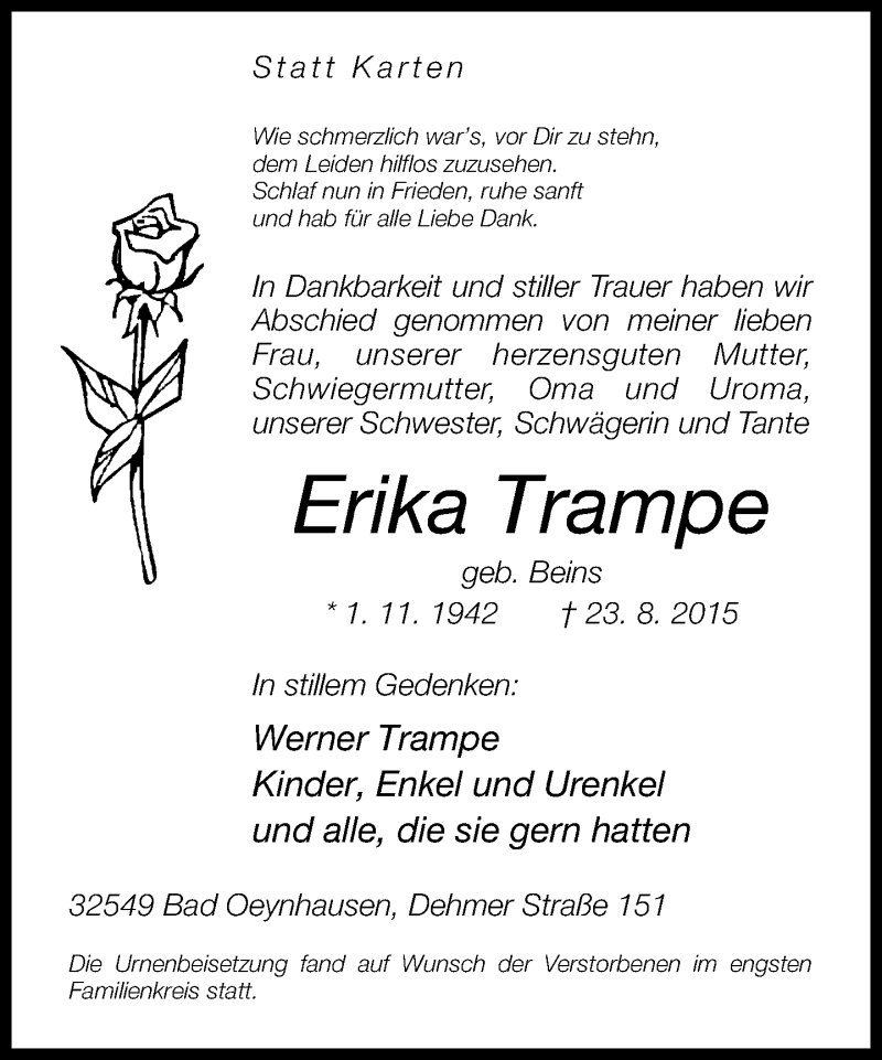  Traueranzeige für Erika Trampe vom 05.09.2015 aus Neue Westfälische