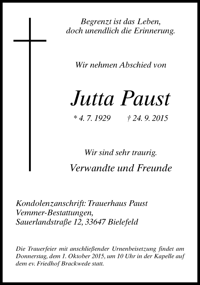  Traueranzeige für Jutta Paust vom 26.09.2015 aus Neue Westfälische