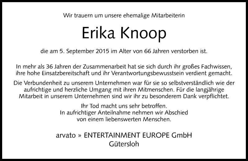  Traueranzeige für Erika Knoop vom 09.09.2015 aus Neue Westfälische
