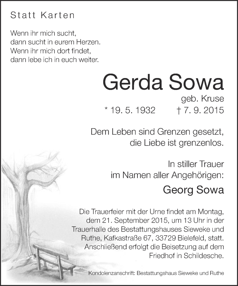  Traueranzeige für Gerda Sowa vom 16.09.2015 aus Neue Westfälische