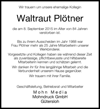 Traueranzeige von Waltraut Plötner von Neue Westfälische