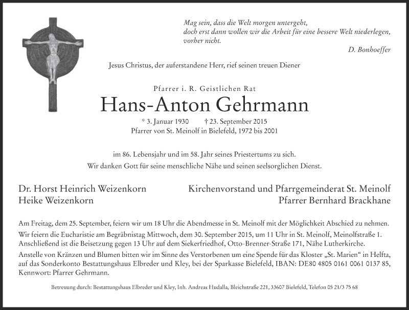  Traueranzeige für Hans-Anton Gehrmann vom 25.09.2015 aus Neue Westfälische