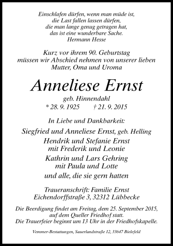 Traueranzeige von Anneliese Ernst von Neue Westfälische