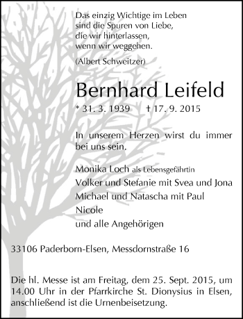 Traueranzeige von Bernhard Leifeld von Neue Westfälische