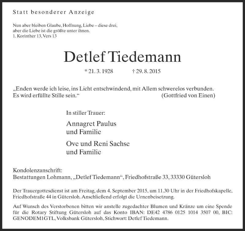  Traueranzeige für Detlef Tiedemann vom 01.09.2015 aus Neue Westfälische
