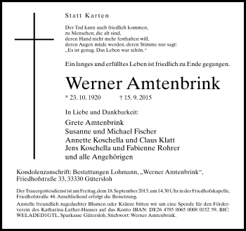 Traueranzeige von Werner Amtenbrink von Neue Westfälische