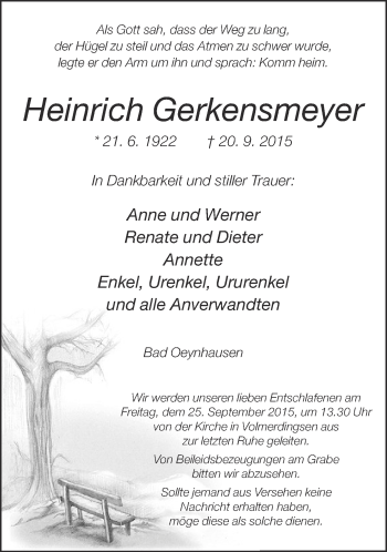 Traueranzeige von Heinrich Gerkensmeyer von Neue Westfälische