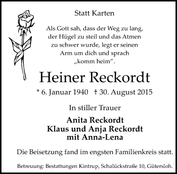 Traueranzeige von Heiner Reckordt von Neue Westfälische