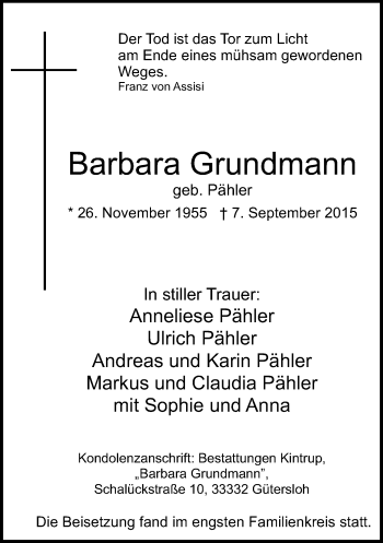 Traueranzeige von Barbara Grundmann von Neue Westfälische
