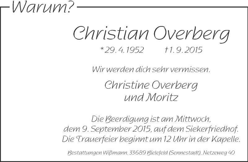  Traueranzeige für Christian Overberg vom 04.09.2015 aus Neue Westfälische