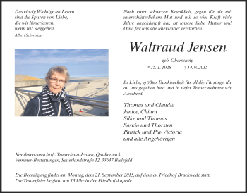 Traueranzeige von Waltraud Jensen von Neue Westfälische