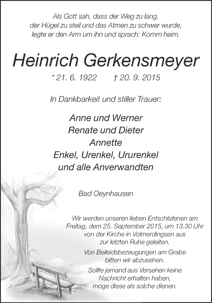  Traueranzeige für Heinrich Gerkensmeyer vom 23.09.2015 aus Neue Westfälische