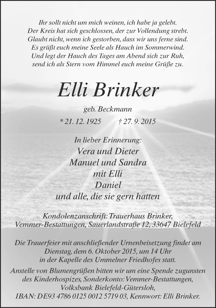  Traueranzeige für Elli Brinker vom 29.09.2015 aus Neue Westfälische