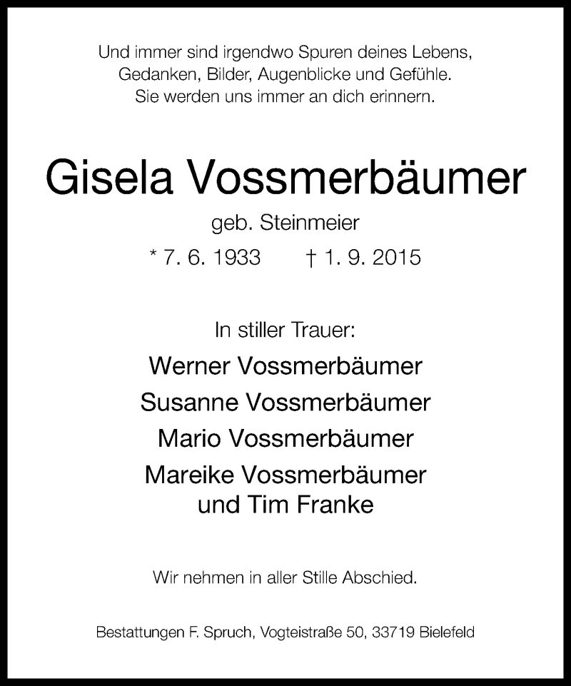  Traueranzeige für Gisela Vossmerbäumer vom 03.09.2015 aus Neue Westfälische